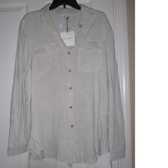 Grace + Karma Oatmeal  Long Sleeve Linen Blend Shirt Blouse Top Size 1X NWT - Picture 1 of 2